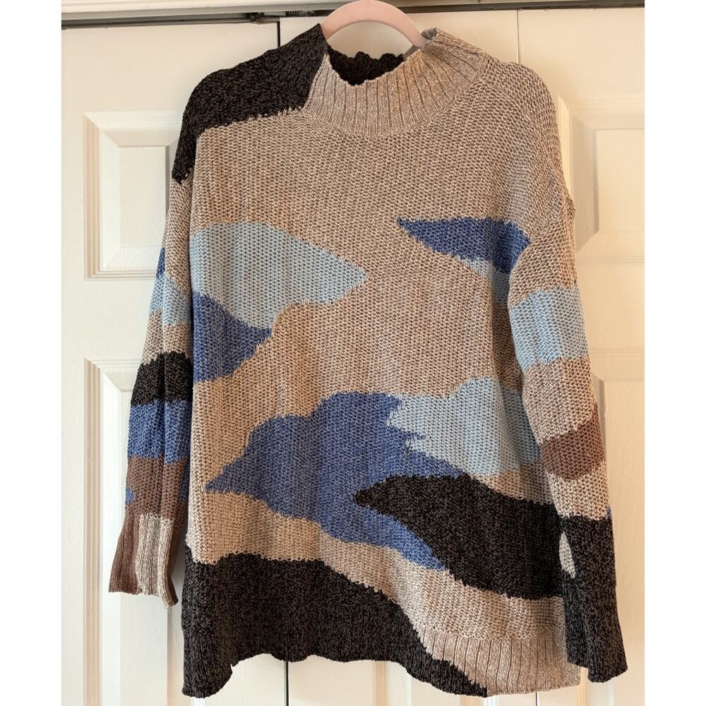 NIC+ZOE L50603 Women’s Blue Multi Winter Waves Turtleneck Sweater Size XL
